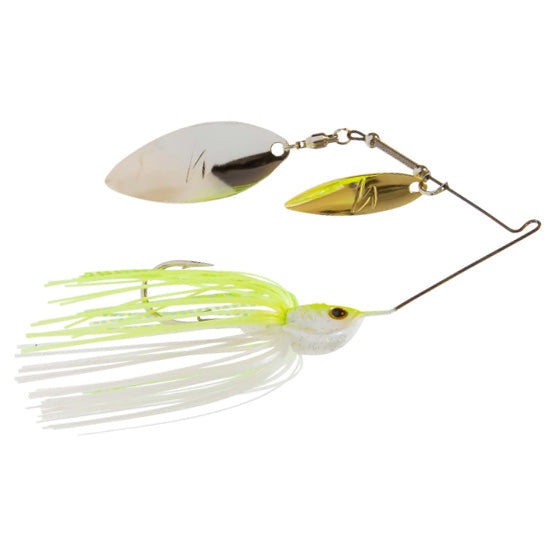 Z-Man SlingBladeZ Double Willow spinnerbait lure with chartreuse and white skirt, featuring two metal willow blades designed for freshwater fishing.