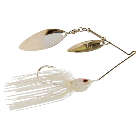 Z-Man SlingBladeZ Double Willow fishing lure in pearl white with dual reflective willow blades and a detailed hookhead designed for musky fishing.
