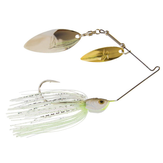 Z-Man SlingBladeZ Double Willow fishing lure featuring dual spinner blades, a fish-shaped weighted head, and a white skirt with black speckles designed for musky fishing.