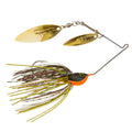 Z-Man SlingBladeZ Double Willow spinnerbait fishing lure with gold-colored double willow blades, a detailed head with orange and black colors, and a multi-colored skirt for musky and freshwater fishing.