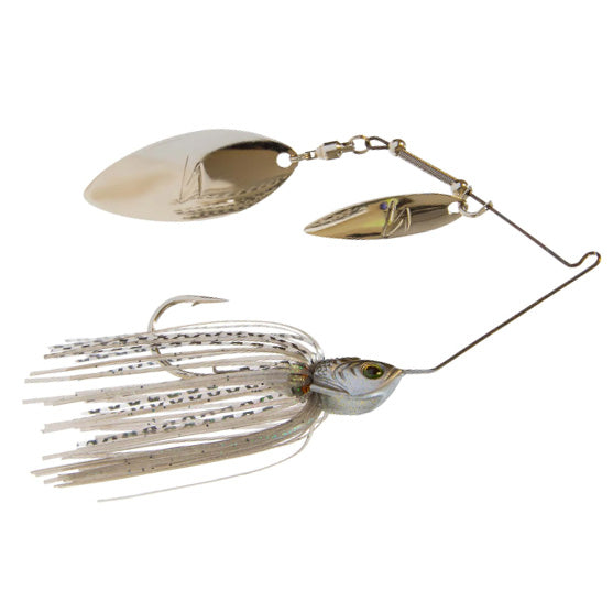 Z-Man SlingBladeZ Double Willow fishing lure with dual silver willow leaf spinner blades, detailed fish head design, and a white and silver skirt for freshwater fishing tackle.