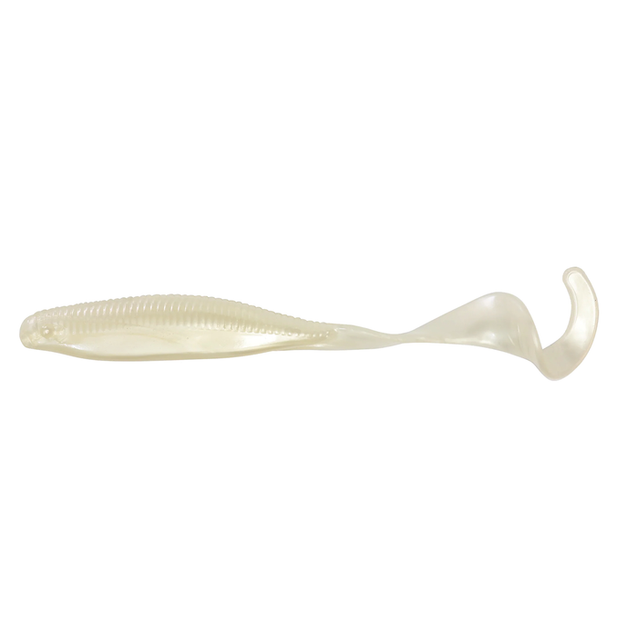 Z-Man Streakz Curly Tailz fishing lure in translucent pearl color with a ribbed body and distinct curly tail designed for lifelike movement in water.
