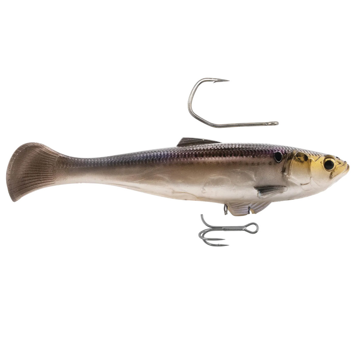 Z-Man Swag LT soft fishing lure designed to mimic a small baitfish with realistic color, detailed fins, and two detachable sharp hooks for effective fishing tackle use.