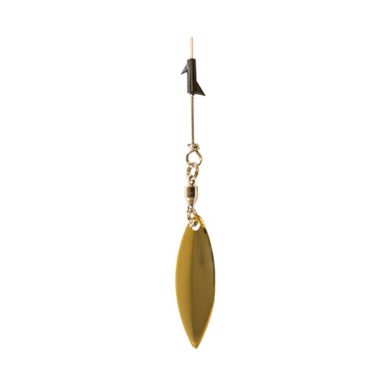 Z-Man TRD SpinZ Tail Spinners 3 Pack featuring a gold, elongated spinner blade attached to a wire arm with a black clip, designed for fishing tackle and lure use.