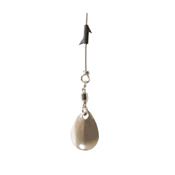Close-up of a single silver metal spinner blade on a wire arm with swivel and clip, part of the Z-Man TRD SpinZ Tail Spinners 3 Pack fishing lure set designed for fishing tackle.