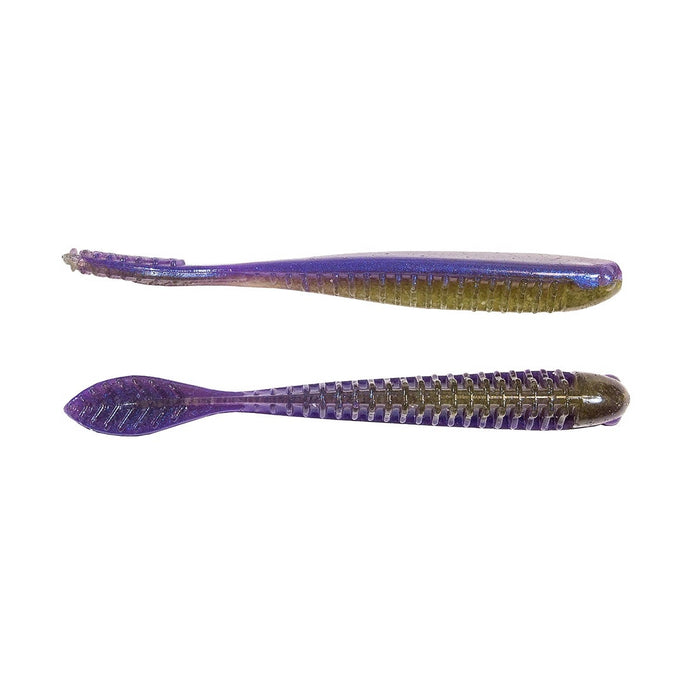 Two Z-Man Trick ShotZ fishing lures in purple and green hues, designed with textured bodies and tapered tails for realistic movement in water.