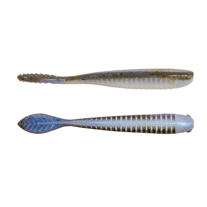 Two soft plastic fishing lures in natural muted colors designed for freshwater fishing, labeled Z-Man Trick ShotZ, featuring ribbed bodies and paddle tails for lifelike action.