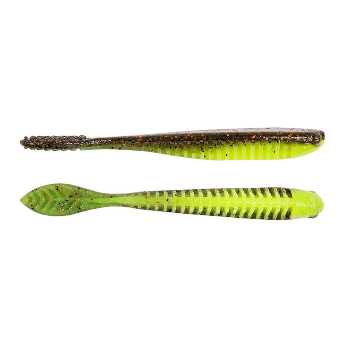 Two soft plastic fishing lures in green and copper hues with ribbed texture and paddle tails, designed for freshwater fishing, identified as Z-Man Trick ShotZ.