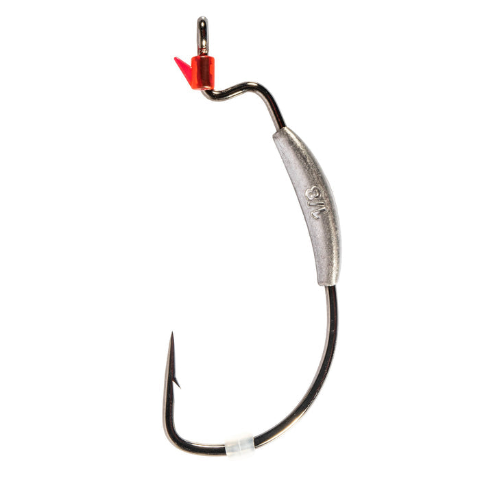Close-up image of a Z-Man ZWG Weighted Swimbait Hook featuring a curved black metal hook with a silver weighted body and a small red plastic clip near the eye, designed for precision fishing tackle use.