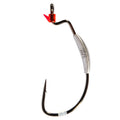 Close-up of a single Z-Man ZWG Weighted Swimbait Hook with a curved, sharp metal hook, a silver weighted section, and a small red plastic component near the eye for fishing tackle use.