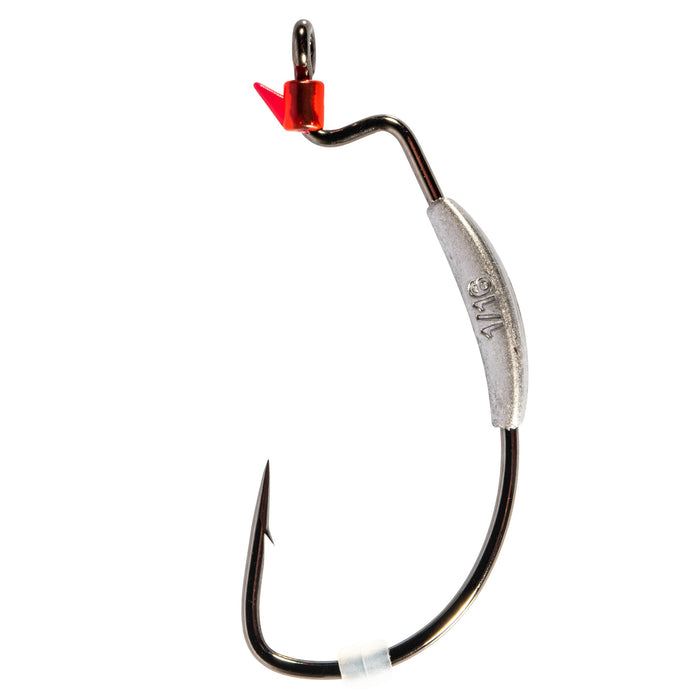Close-up of a single Z-Man ZWG Weighted Swimbait Hook with a curved, sharp metal hook, a silver weighted section, and a small red plastic component near the eye for fishing tackle use.