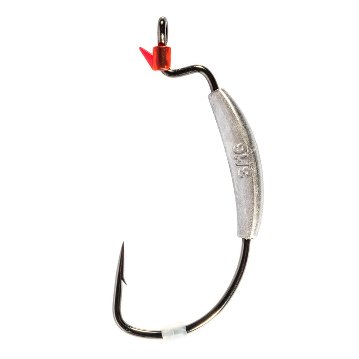 Z-Man ZWG Weighted Swimbait Hook with curved black metal hook, silver weighted body, red plastic keeper, and sharp point designed for fishing tackle and lure applications.