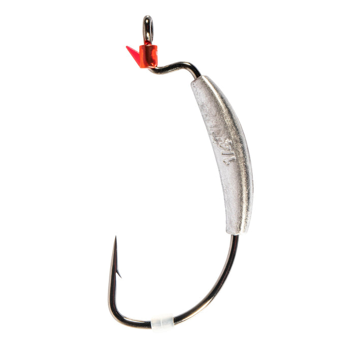 Z-Man ZWG Weighted Swimbait Hook with a curved dark metal hook, silver weighted body, and a small red plastic collar near the eye for fishing tackle and lure applications.