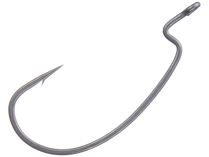 Zappu Bellows Offset Wide Gap Worm Hook in dark metal finish, featuring a sharp point with a barb and an offset bend designed for secure fishing tackle setup.
