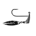 Close-up of a metallic Zappu Micro Bredy Underspin fishing lure featuring a single sharp hook and hammered spinner blade designed for freshwater musky and ice fishing tackle.