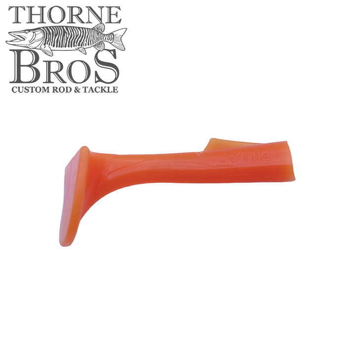 Orange Zilla Baits Junior Replacement Tails (1 Pack) soft plastic fishing lure replacement tail for musky and ice fishing tackle, shown on white background with Thorne Bros logo.