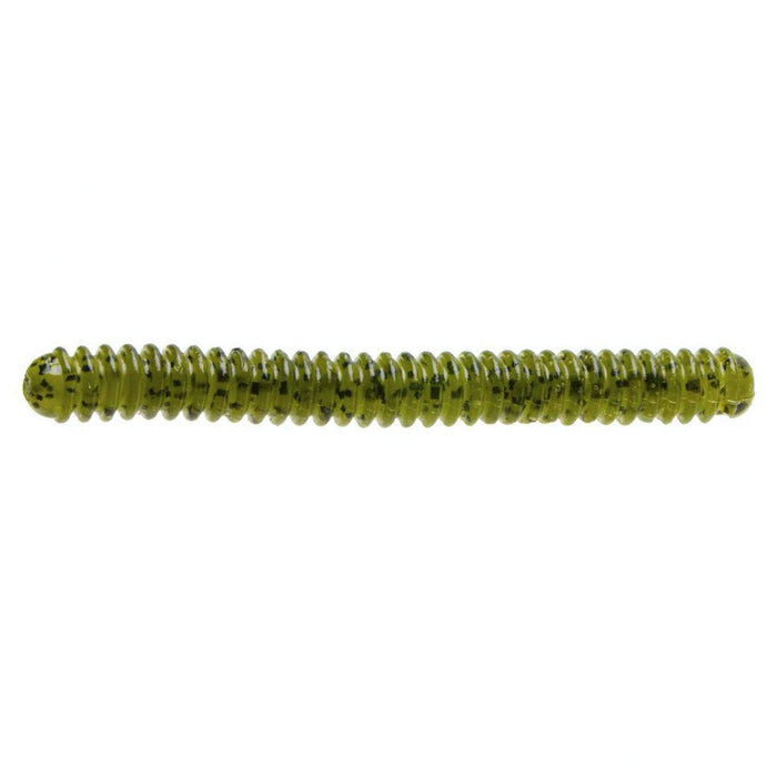 Zoom Double Ringer Worm fishing lure in translucent green with black speckles, designed for freshwater fishing and effective as soft plastic fishing tackle.