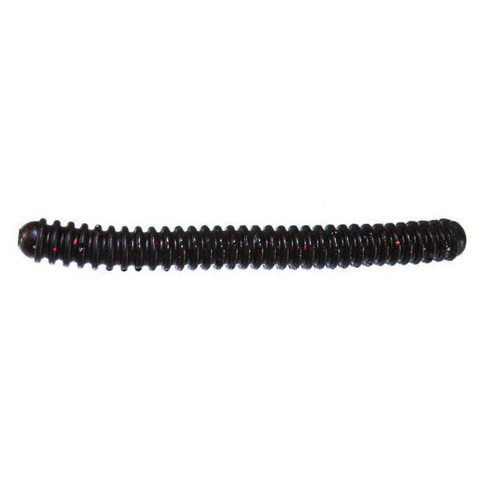 Zoom Double Ringer Worm fishing lure in black with red glitter, featuring a segmented, ribbed body designed for lifelike movement in the water.