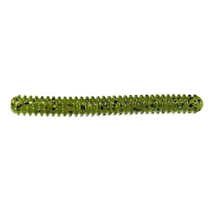 Zoom Double Ringer Worm fishing lure in translucent green with black specks, designed for use as soft plastic fishing tackle targeting musky and other freshwater fish.