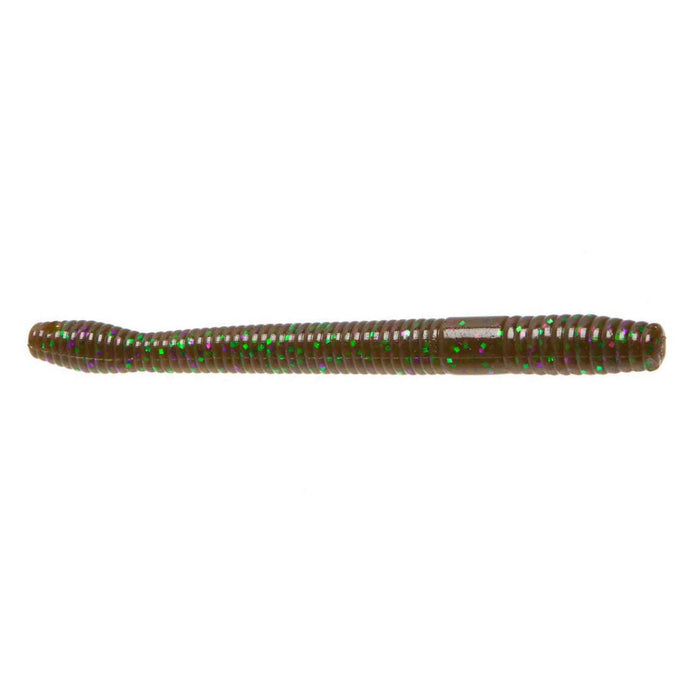 Zoom Magnum Finesse Worm fishing lure in dark green with purple and green glitter, designed for finesse fishing techniques targeting muskies and other freshwater game fish.