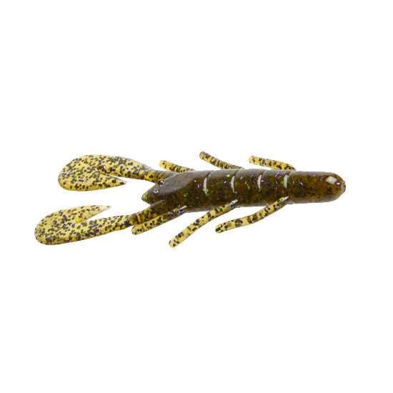 Zoom Magnum Ultra-Vibe Speed Craw fishing lure in a green and yellow speckled color with detailed claws and segmented body for attracting fish.