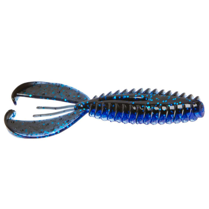 Zoom Z Craw soft plastic fishing lure in black and blue with speckled pattern, featuring twin claw appendages designed for attracting muskies and other game fish.